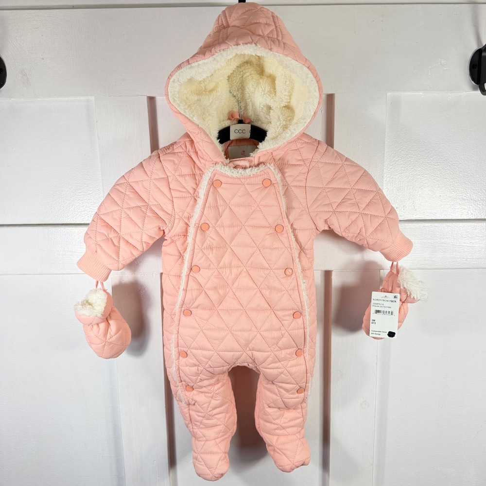 Urban Republic Baby Girls Pink Quilted Sherpa Lined Pram Suit Mittens 3M 3359PD